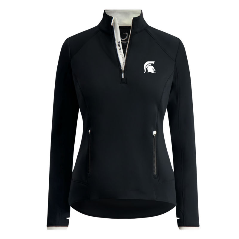 Black long-sleeve athletic quarter-zip jacket with two front zippered pockets and a white Spartan helmet logo on the left chest. 