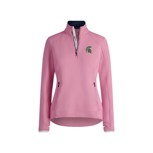 Pink quarter zip pullover with side zipper pockets. On inner zipper is words going vertically 'zero restriction' screen printed in black. Embroidered on left chest in green is a Spartan helmet logo. 