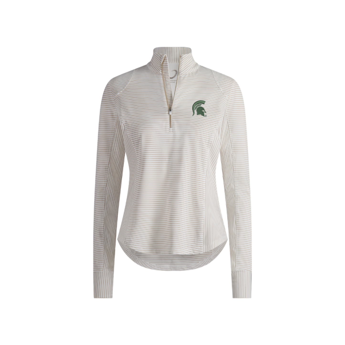 Cream and tan striped performance quarter zip pullover. Embroidered on left chest is a green Spartan helmet logo. 