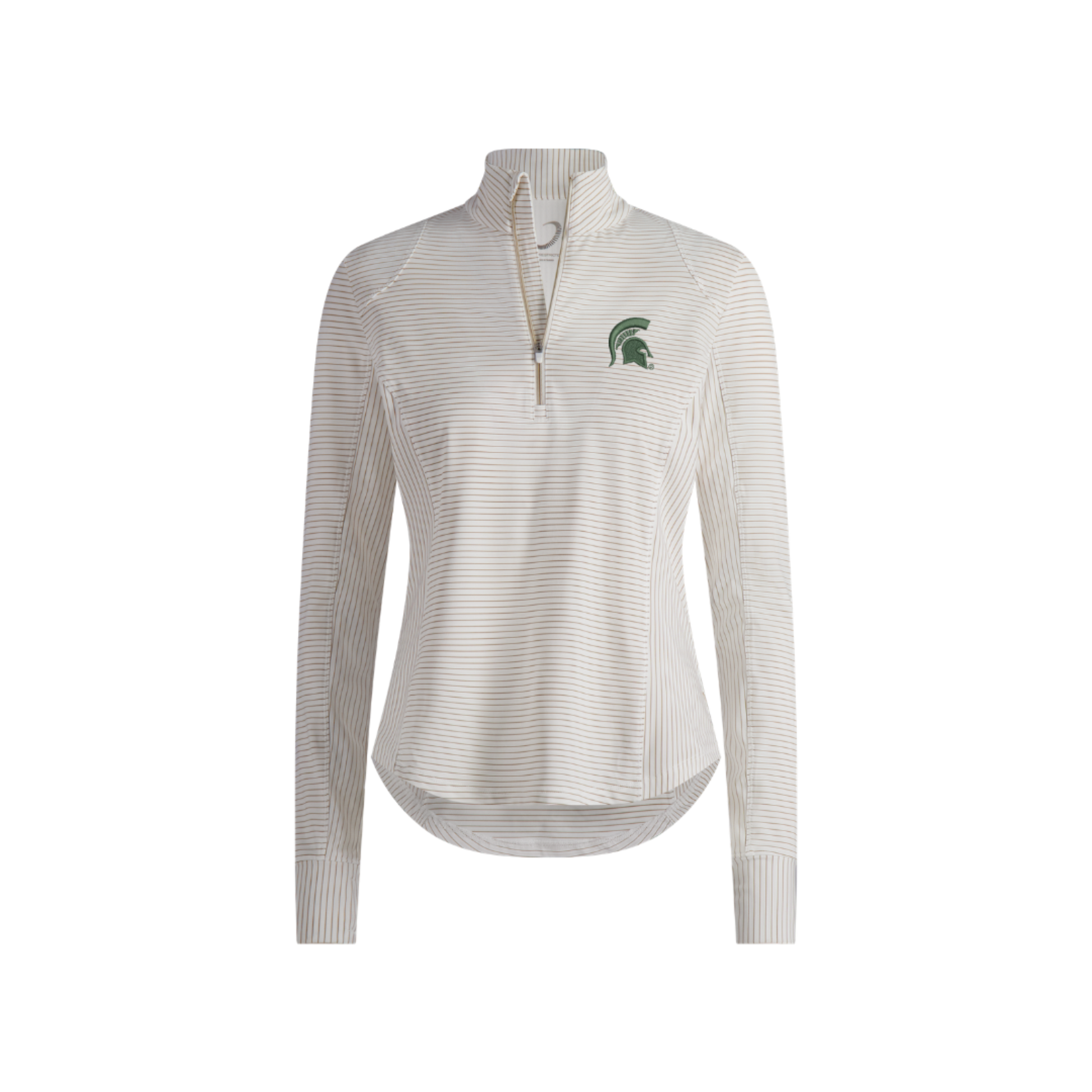 Cream and tan striped performance quarter zip pullover. Embroidered on left chest is a green Spartan helmet logo. 