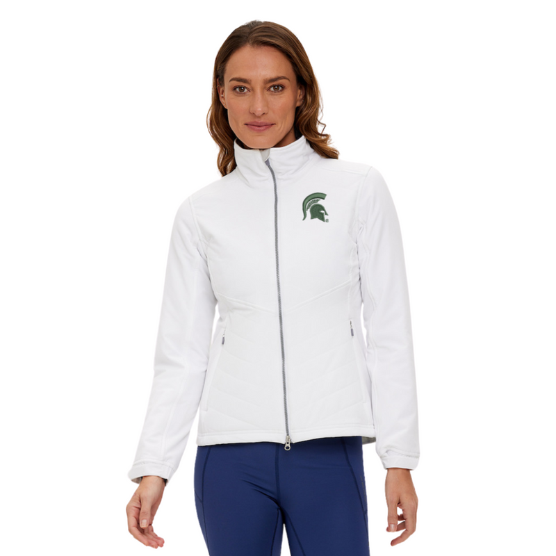 A person wearing a white jacket with a green Spartan helmet logo on the left chest. The jacket has a front zipper and two side pockets