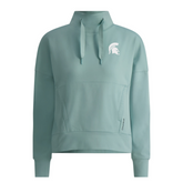 Breeze blue sweatshirt with a high mock collar and drawstrings, featuring a white embroidered Spartan helmet logo on the left chest. Has front kangaroo pouch. 