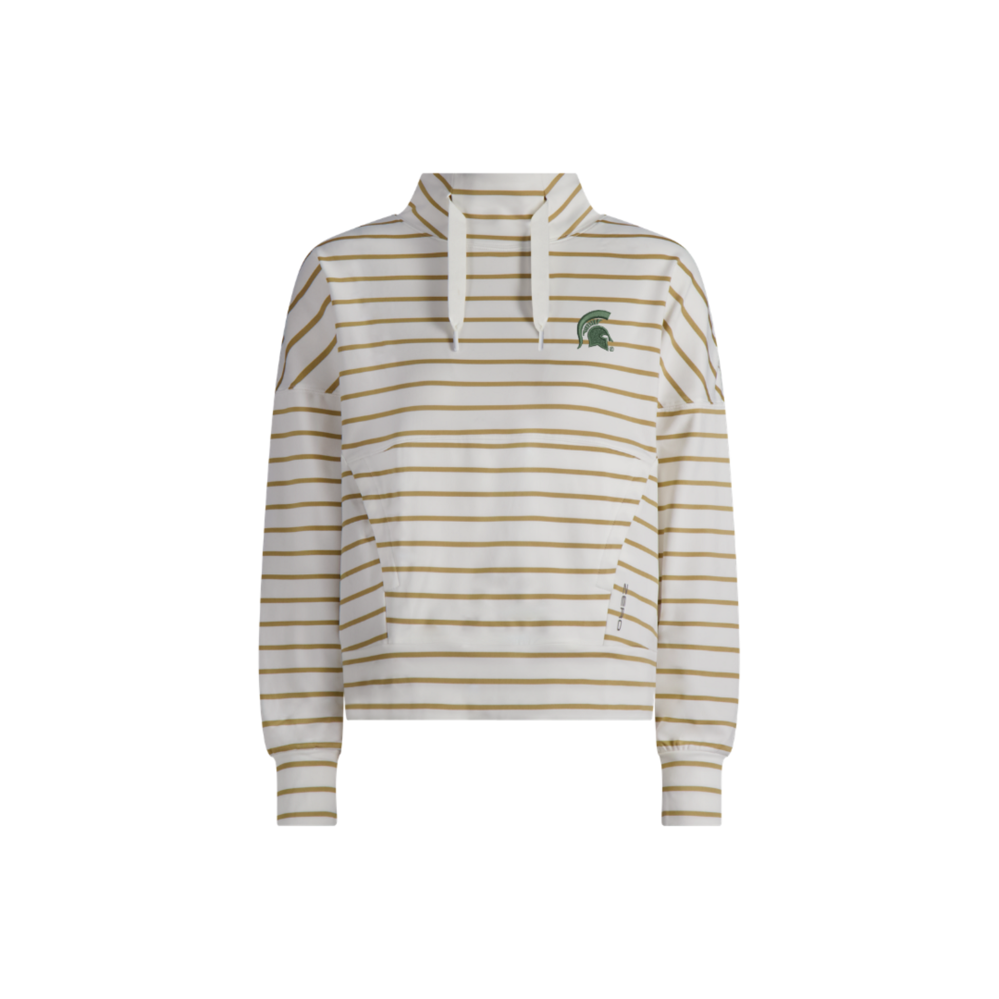 Women's white long-sleeve hooded pullover with thin khaki horizontal stripes, a crossover drawstring neckline, and a front kangaroo pocket. Features the Michigan State Spartans helmet logo embroidered on the left chest, and ribbed cuffs. 