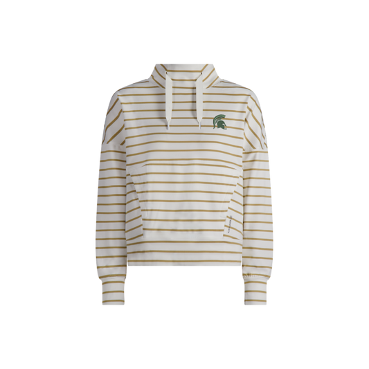 Women's white long-sleeve hooded pullover with thin khaki horizontal stripes, a crossover drawstring neckline, and a front kangaroo pocket. Features the Michigan State Spartans helmet logo embroidered on the left chest, and ribbed cuffs. 