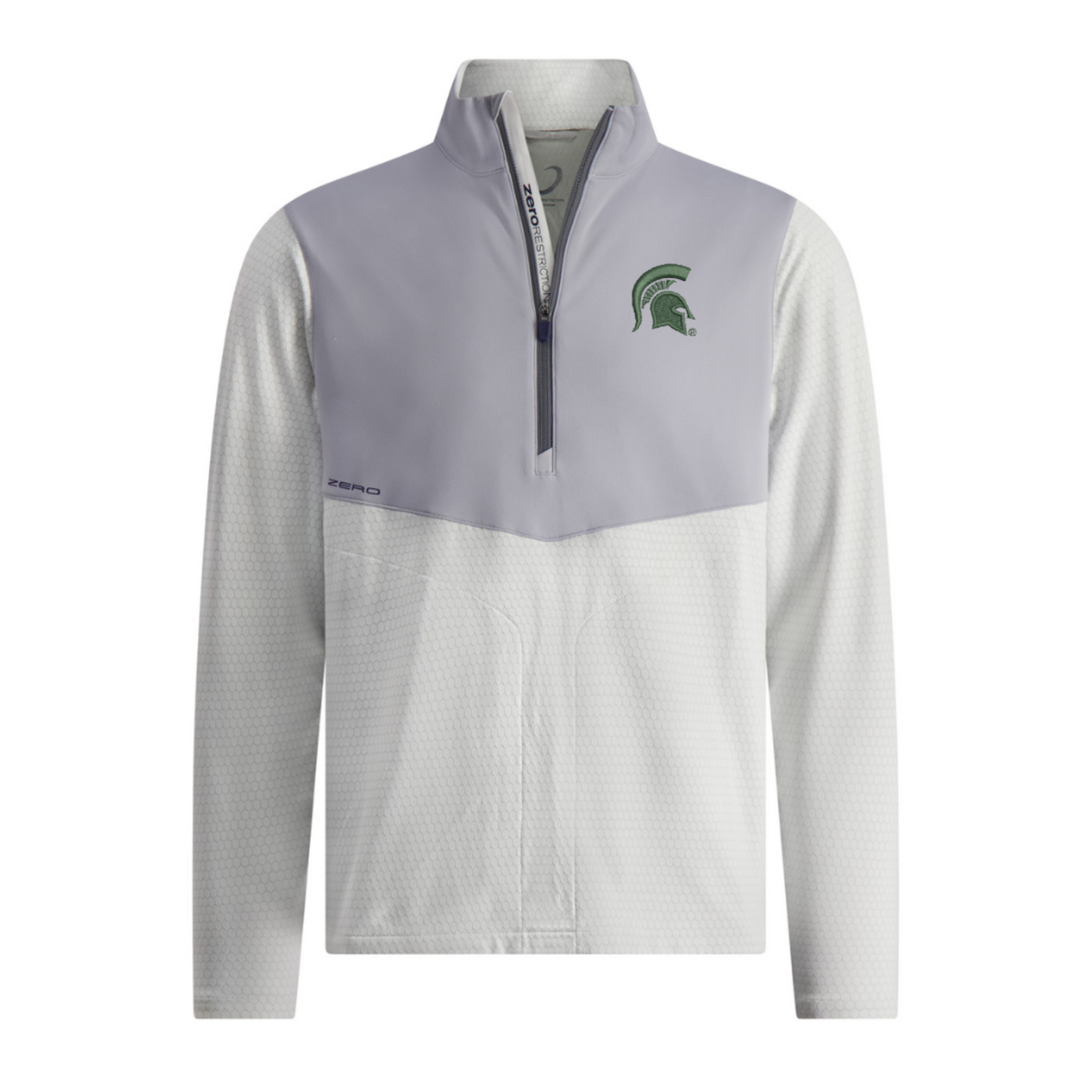 Long-sleeve quarter-zip pullover with a light gray top section and textured white bottom section, featuring a green Spartan helmet logo on the left chest and the word 'ZERO' near the left side seam.