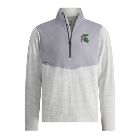 Long-sleeve quarter-zip pullover with a light gray top section and textured white bottom section, featuring a green Spartan helmet logo on the left chest and the word 'ZERO' near the left side seam.