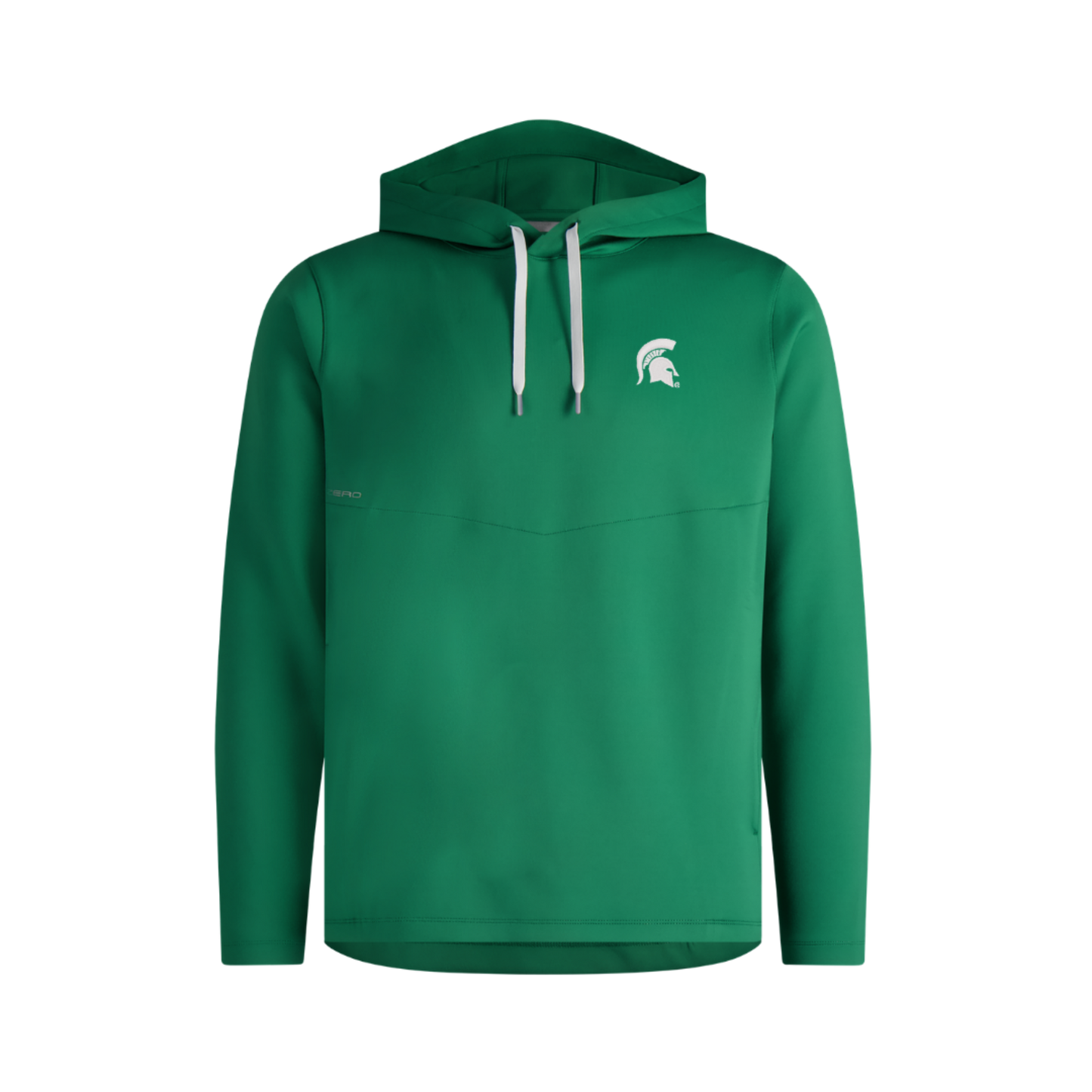 Kelly green performance hoodie. White drawstring in hood. A v shaped seam going across lower chest. Embroidered on left chest in white is a Spartan helmet. 