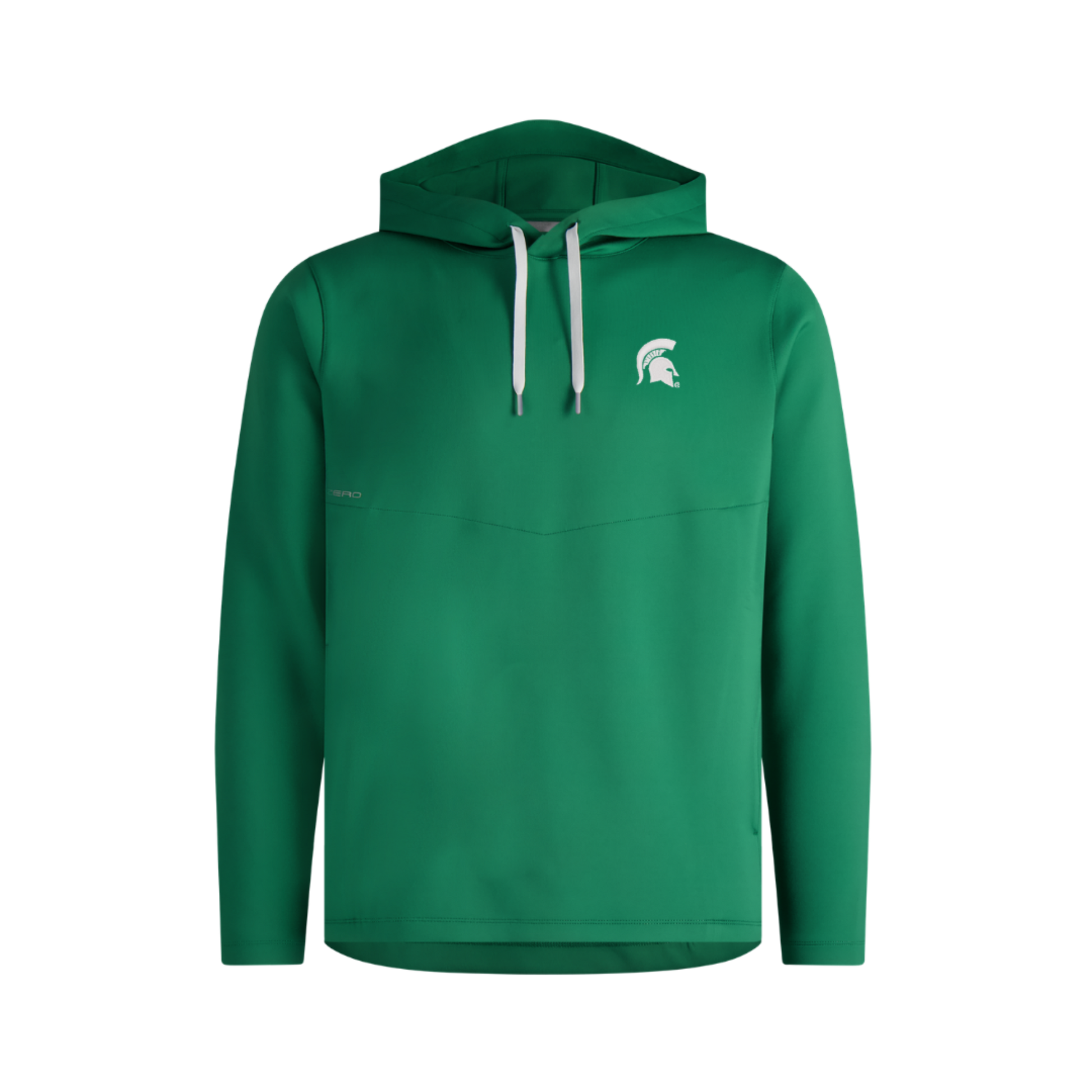 Kelly green performance hoodie. White drawstring in hood. A v shaped seam going across lower chest. Embroidered on left chest in white is a Spartan helmet. 