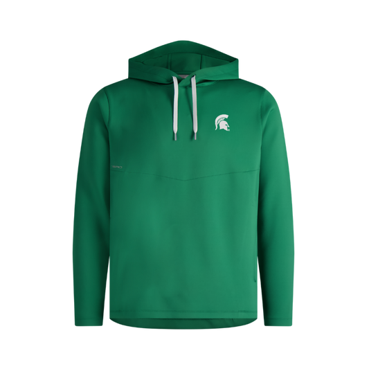 Kelly green performance hoodie. White drawstring in hood. A v shaped seam going across lower chest. Embroidered on left chest in white is a Spartan helmet. 