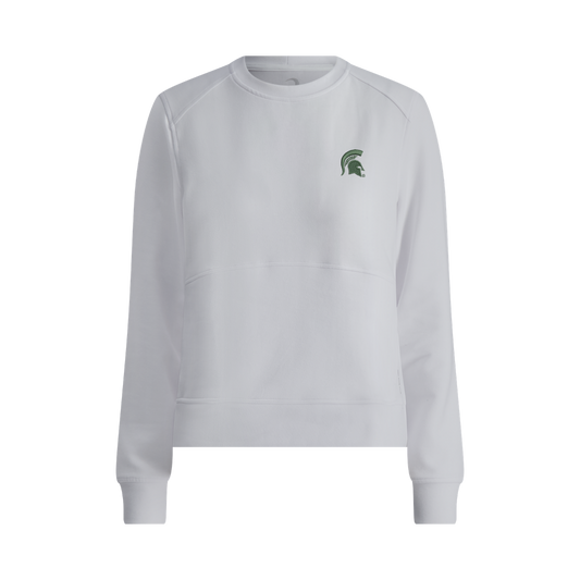 White crew neck women's sweatshirt. embroidered on left chest is a green Spartan helmet logo. 