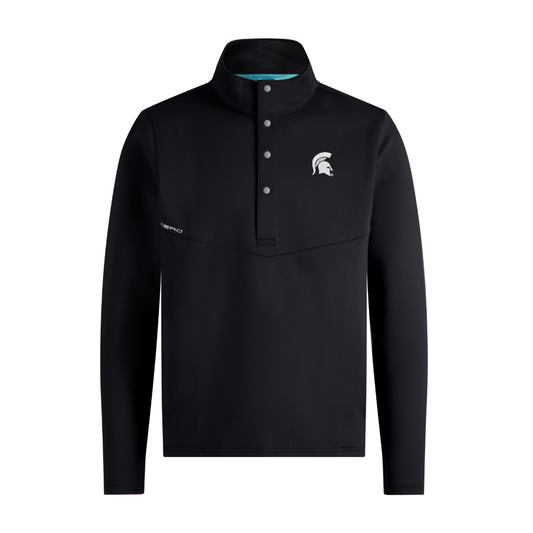 Black snap pullover with four snap bottoms that extend from the collar to the middle and a white Spartan Helmet logo on the upper left chest. Shown on a white background.  