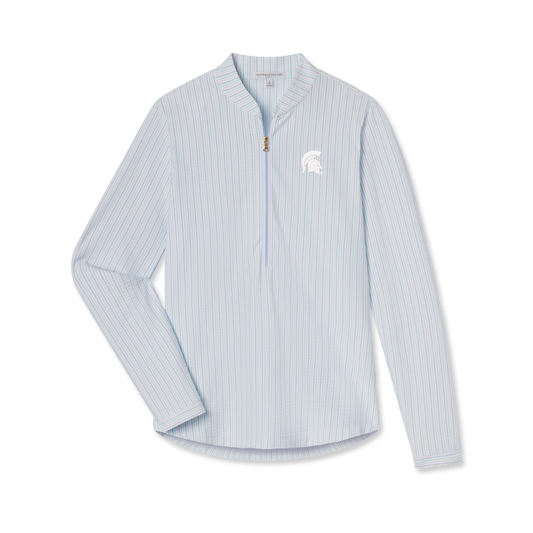 Pastel striped pullover with a zipper that extends half way down the front, a mock neck, and a white Spartan Helmet logo on the upper left chest. Shown on a white background.   
