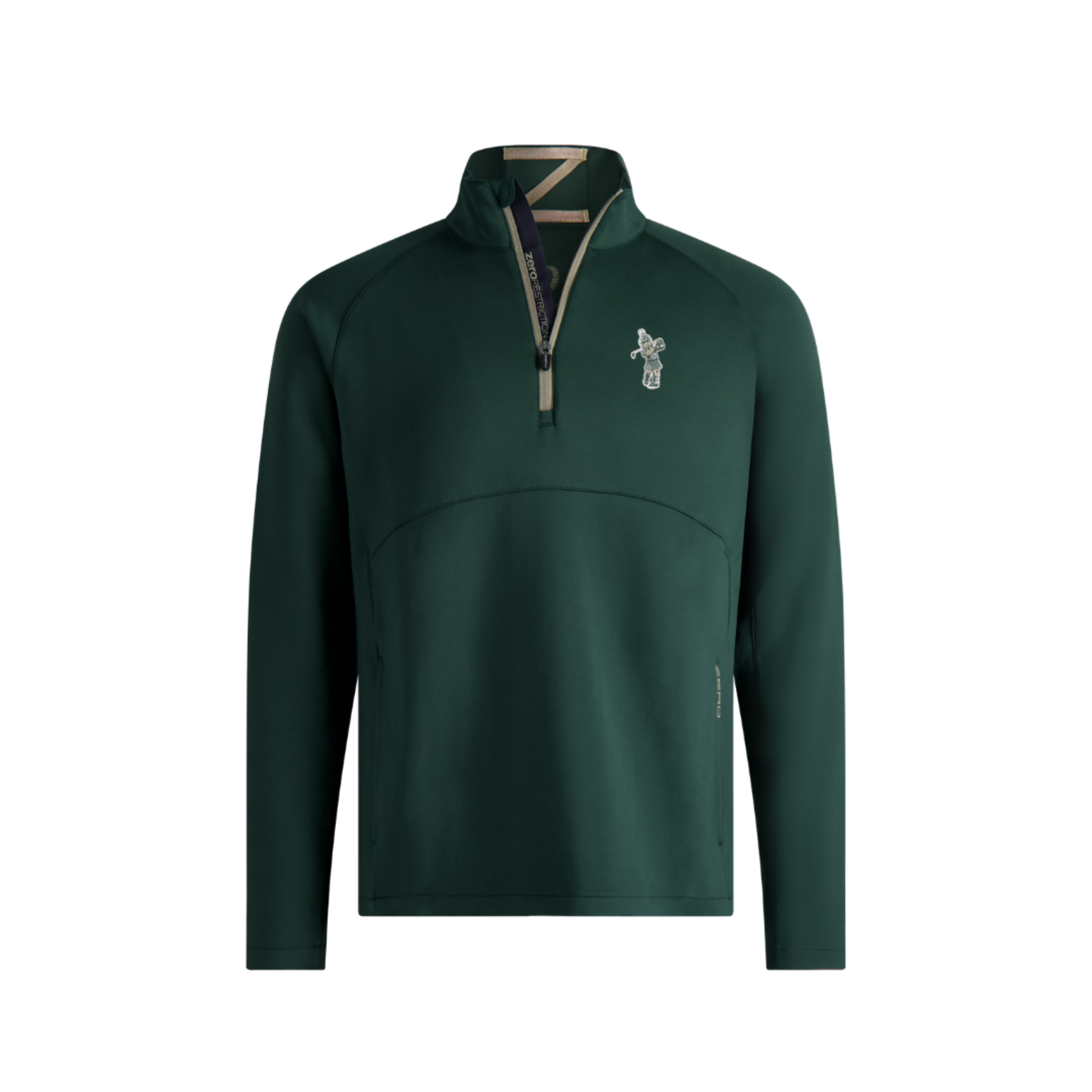 Green quarter-zip pullover with tan accent around zipper. Embroidered on left chest is a Golf Sparty logo. On inner zipper lining that is black, in tan screen print is the 'zero restriction' logo. 