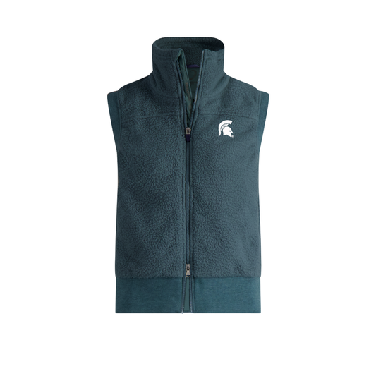 Dark teal fleece vest with a full-zip front, stand-up collar, and white Michigan State Spartans helmet logo on the left chest.