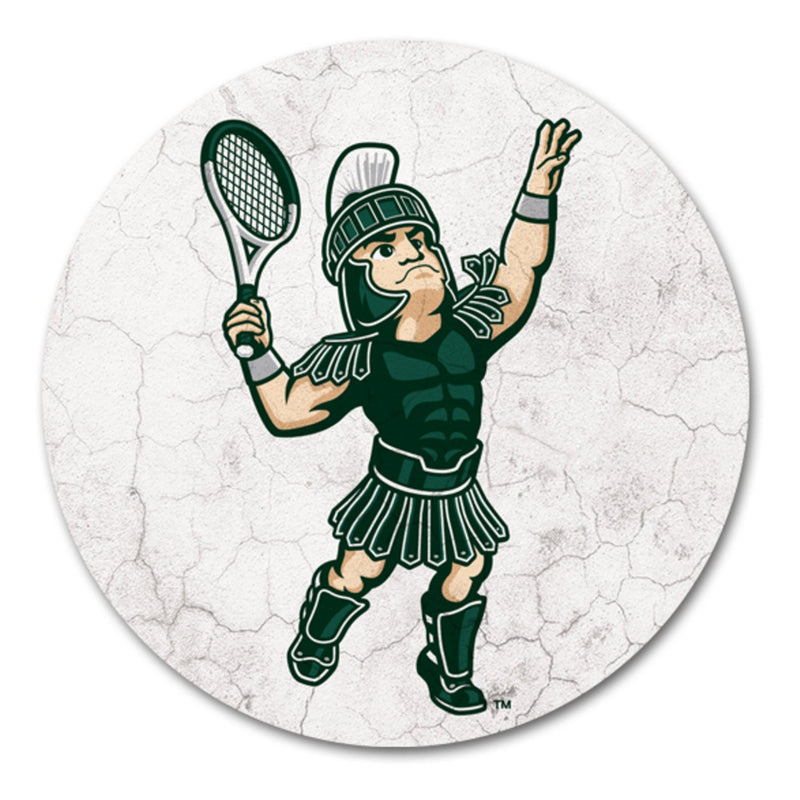A white coaster with a Tennis Sparty motif.