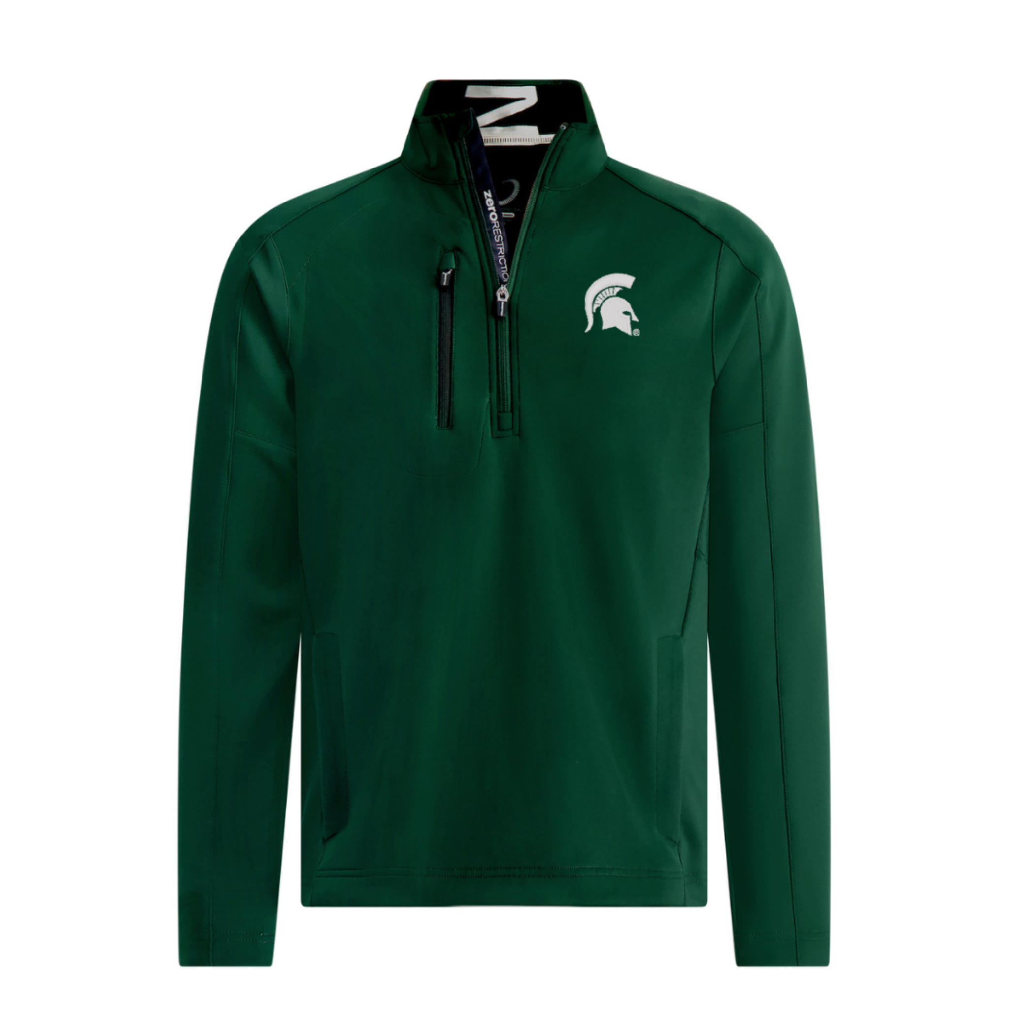 Green long-sleeve quarter-zip pullover with Michigan State Spartans logo on the left chest, featuring a zippered right chest pocket, two side pockets, black zipper pull tab, and visible stitching along the shoulders and sides.