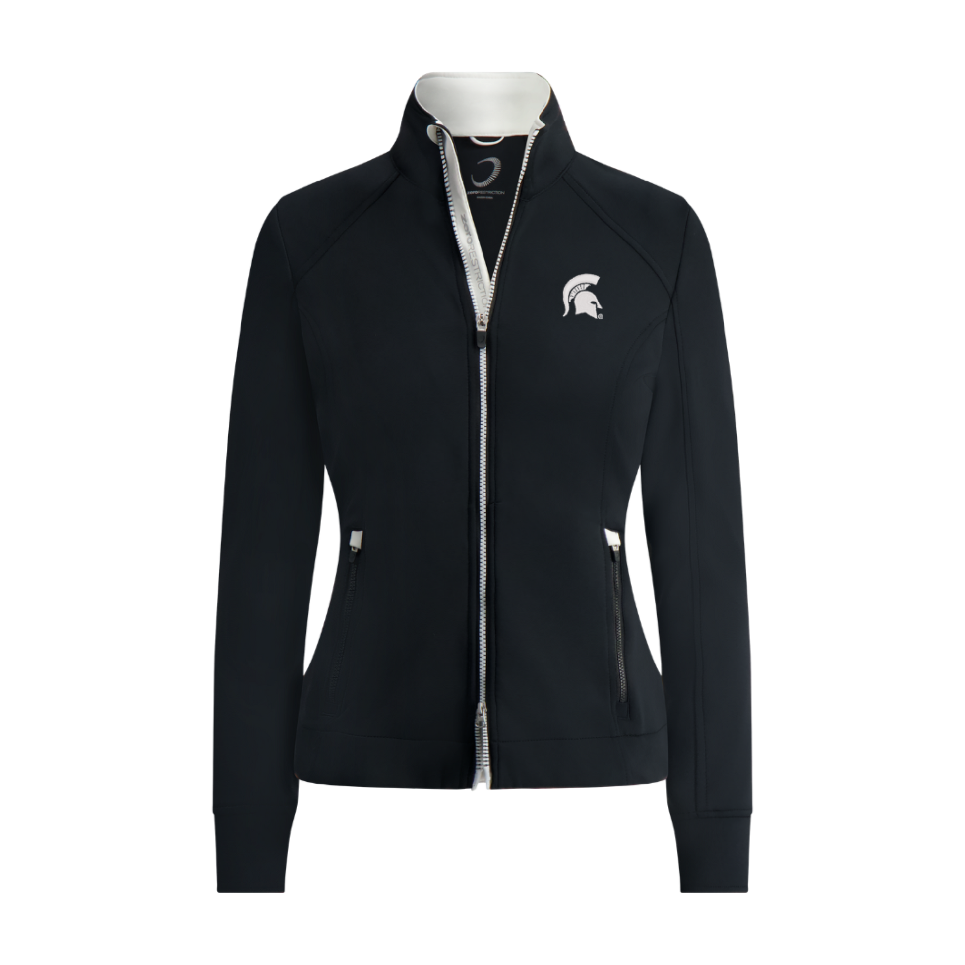 Women's black performance jacket with white ac around main zipper and pocket zippers. Embroidered on left chest is a white Spartan helmet logo.  