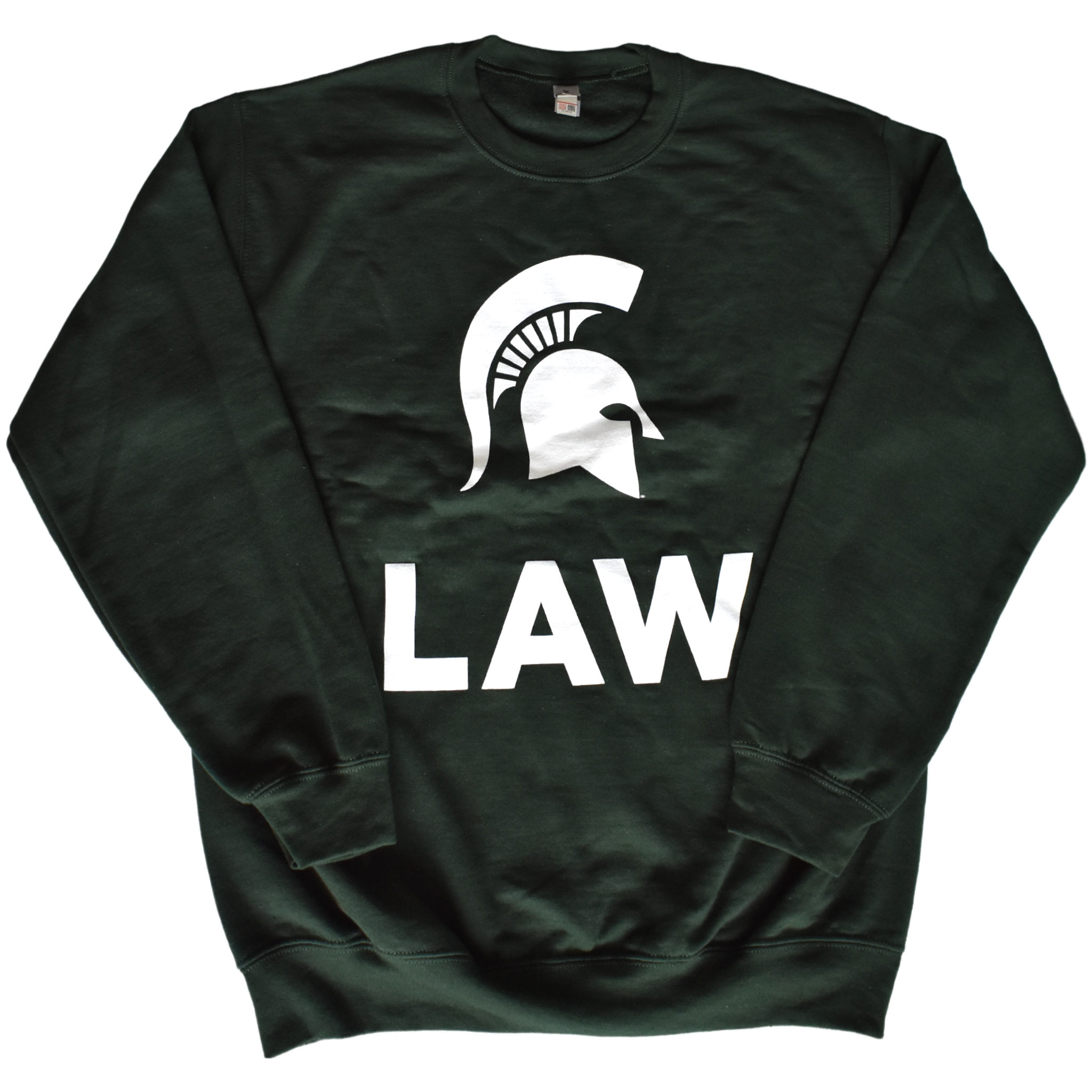 Dark green crewneck sweatshirt with a large White Spartan helmet printed on the center chest above bold letters spelling out "Law" in all caps.