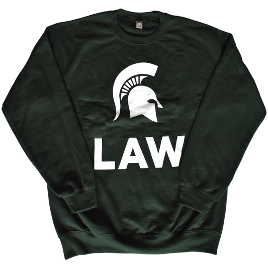 Dark green crewneck sweatshirt with a large white Spartan Helmet logo printed on the center chest above bold white letters spelling out "Law" in all caps.
