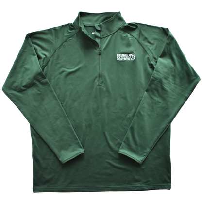 A dark kelly green jacket with raglan style sleeves and a half-length zipper. On the left chest is an embroidered Michigan State University College of Law wordmark logo in white.