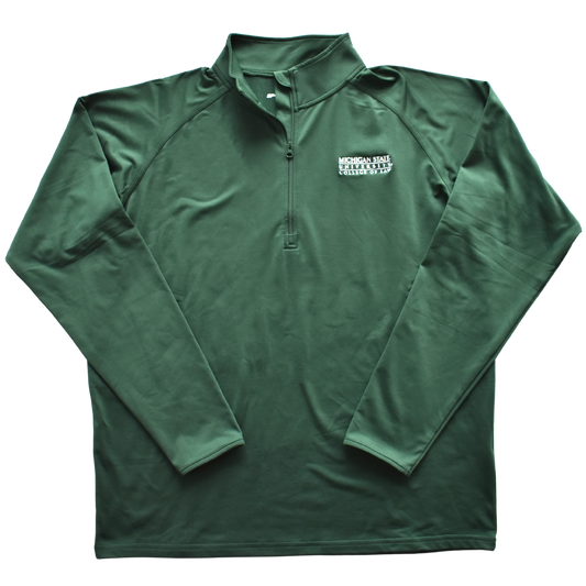A dark kelly green jacket with raglan style sleeves and a half-length zipper. On the left chest is an embroidered Michigan State University College of Law wordmark logo in white.