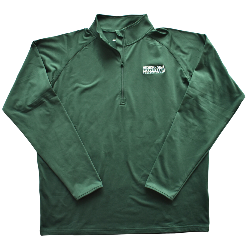 A dark kelly green jacket with raglan style sleeves and a half-length zipper. On the left chest is an embroidered Michigan State University College of Law wordmark logo in white.