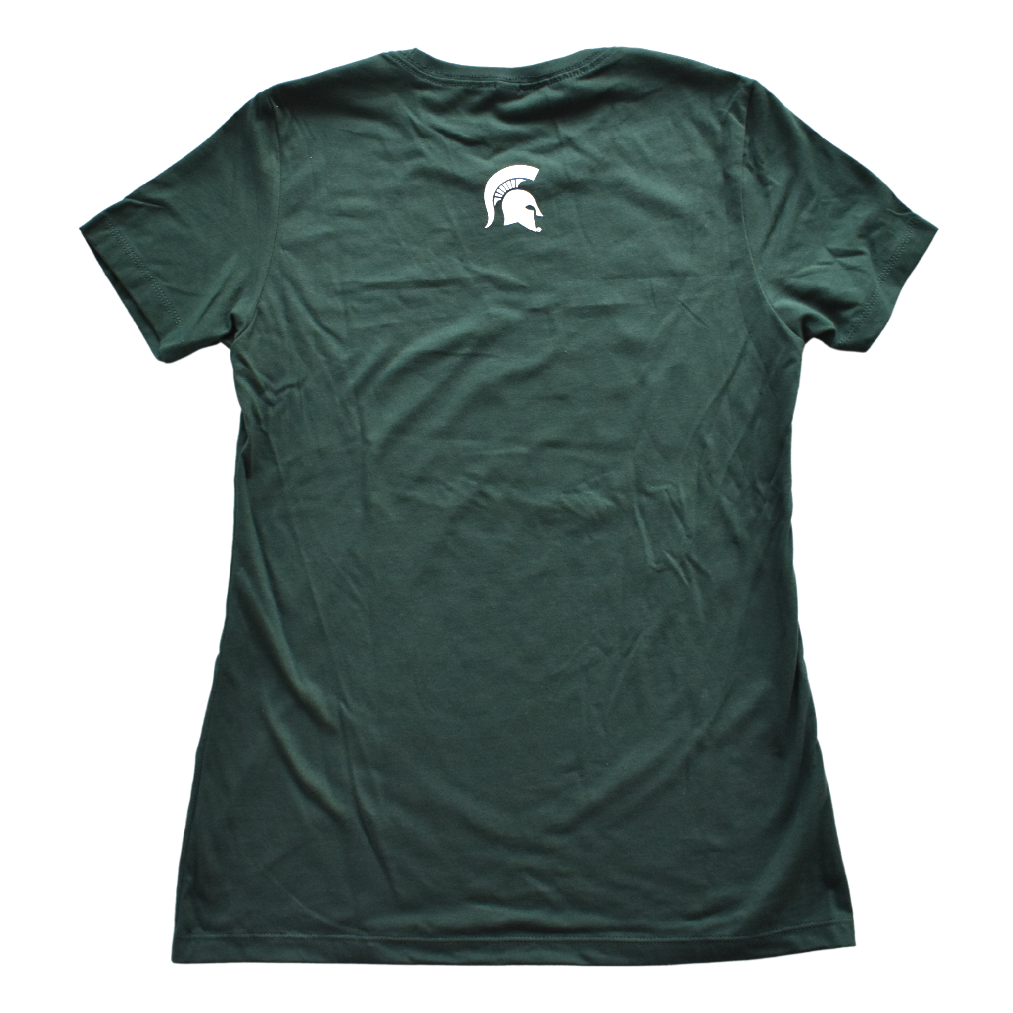 Back of a dark green crewneck t-shirt, with a small wite Spartan helmet center under the neck line,