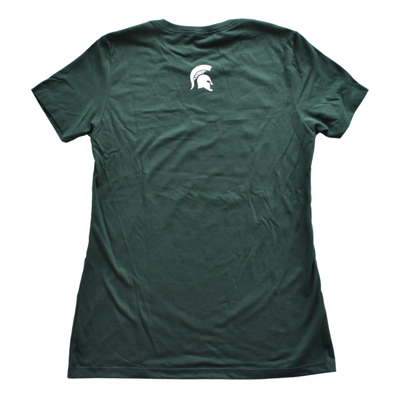 Back of a dark green crewneck t-shirt, with a small wite Spartan helmet center under the neck line,