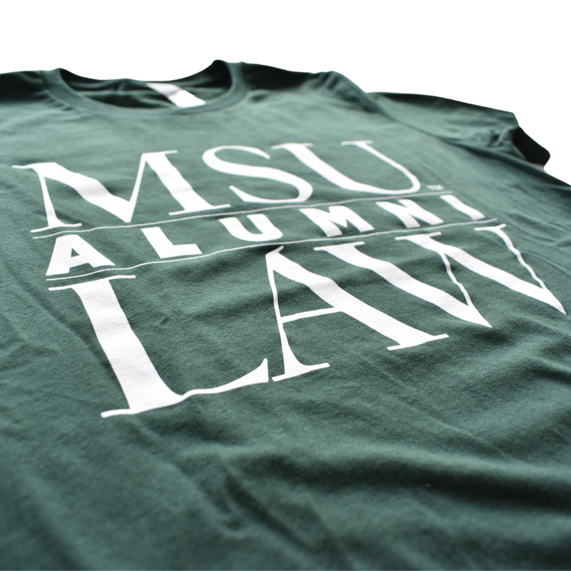 Close-up of graphic text covering three lines that read MSU Law Alumni in all caps, with alumni being in the center separated by two thin white lines.
