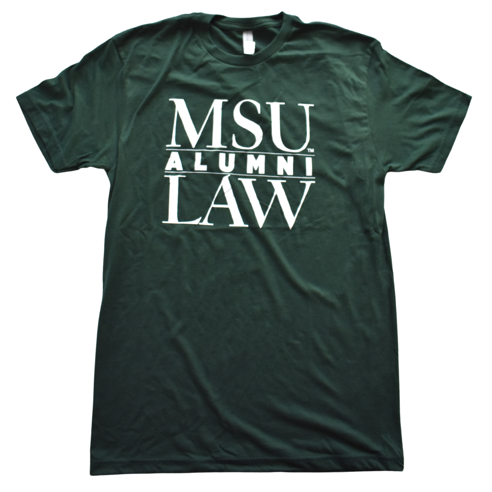 Dark green crewneck T-shirt with a white text graphic on the center chest. The graphic is three lines of text that read "MSU Law Alumni," with alumni being in the center separated by two thin white lines.