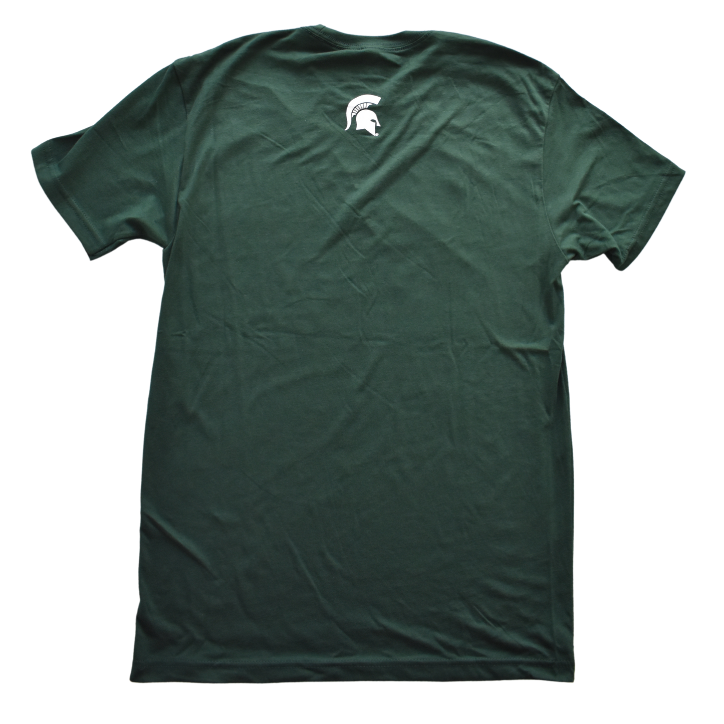 Back of a dark green crewneck T-shirt, with a small white Spartan Helmet logo centered under the neck line.