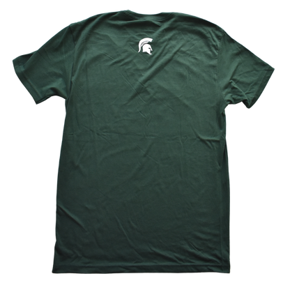 Back of a dark green crewneck T-shirt, with a small white Spartan Helmet logo centered under the neck line.