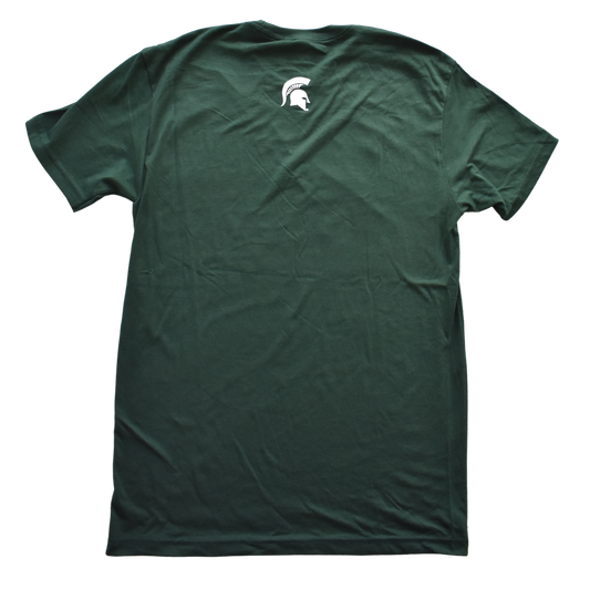 Back of a dark green crewneck T-shirt, with a small white Spartan Helmet logo centered under the neck line.