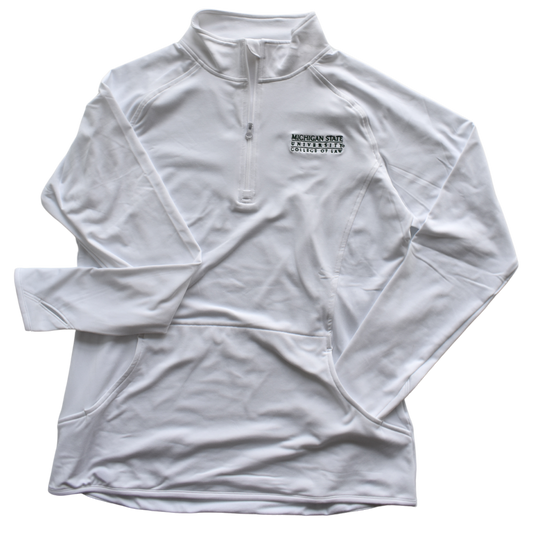 A white women's cut jacket featuring raglan style sleeves, curved torso stitching, and a half-length zipper. On the left chest is an embroidered Michigan State University College of Law wordmark logo in dark green. The jacket's left sleeve is tucked into one side of a kangaroo pocket, while the other sleeve is turned out to show the thumb cuffs.
