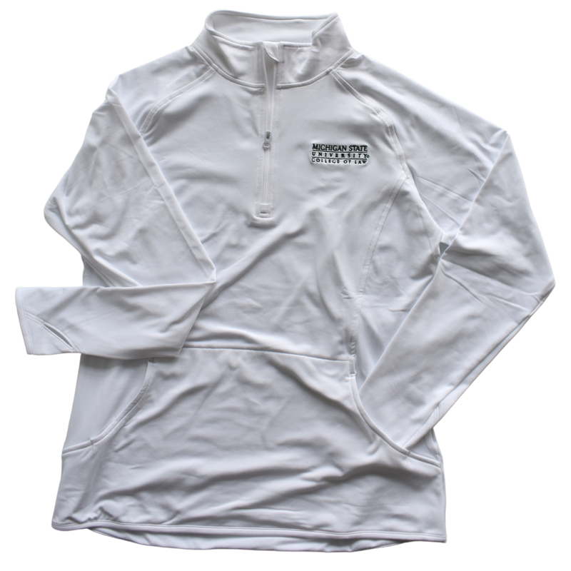 A white women's cut jacket featuring raglan style sleeves, curved torso stitching, and a half-length zipper. On the left chest is an embroidered Michigan State University College of Law wordmark logo in dark green. The jacket's left sleeve is tucked into one side of a kangaroo pocket, while the other sleeve is turned out to show the thumb cuffs.