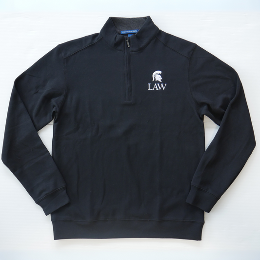 Men's black quarter-zip sweatshirt with a Spartan Helmet logo above a "Law" wordmark in white on the left upper chest. Shown on a white a background.