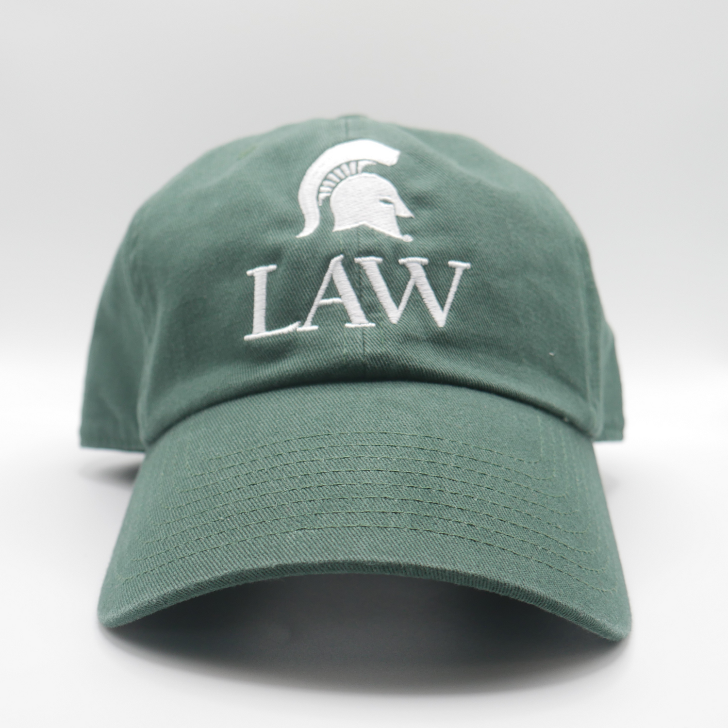 Forest green hat with a white embroidered Spartan helmet and "LAW" wordmark in the center. Shown on a white background. 