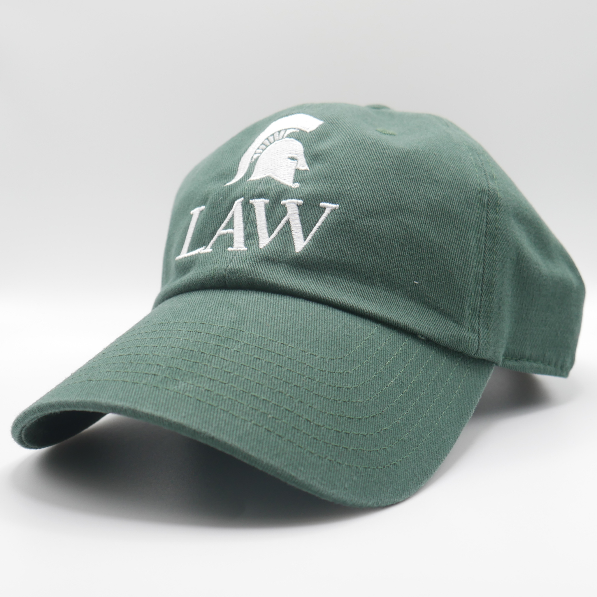 Side angle of a forest green hat with a white embroidered Spartan helmet and "LAW" wordmark in the center. Shown on a white background. 
