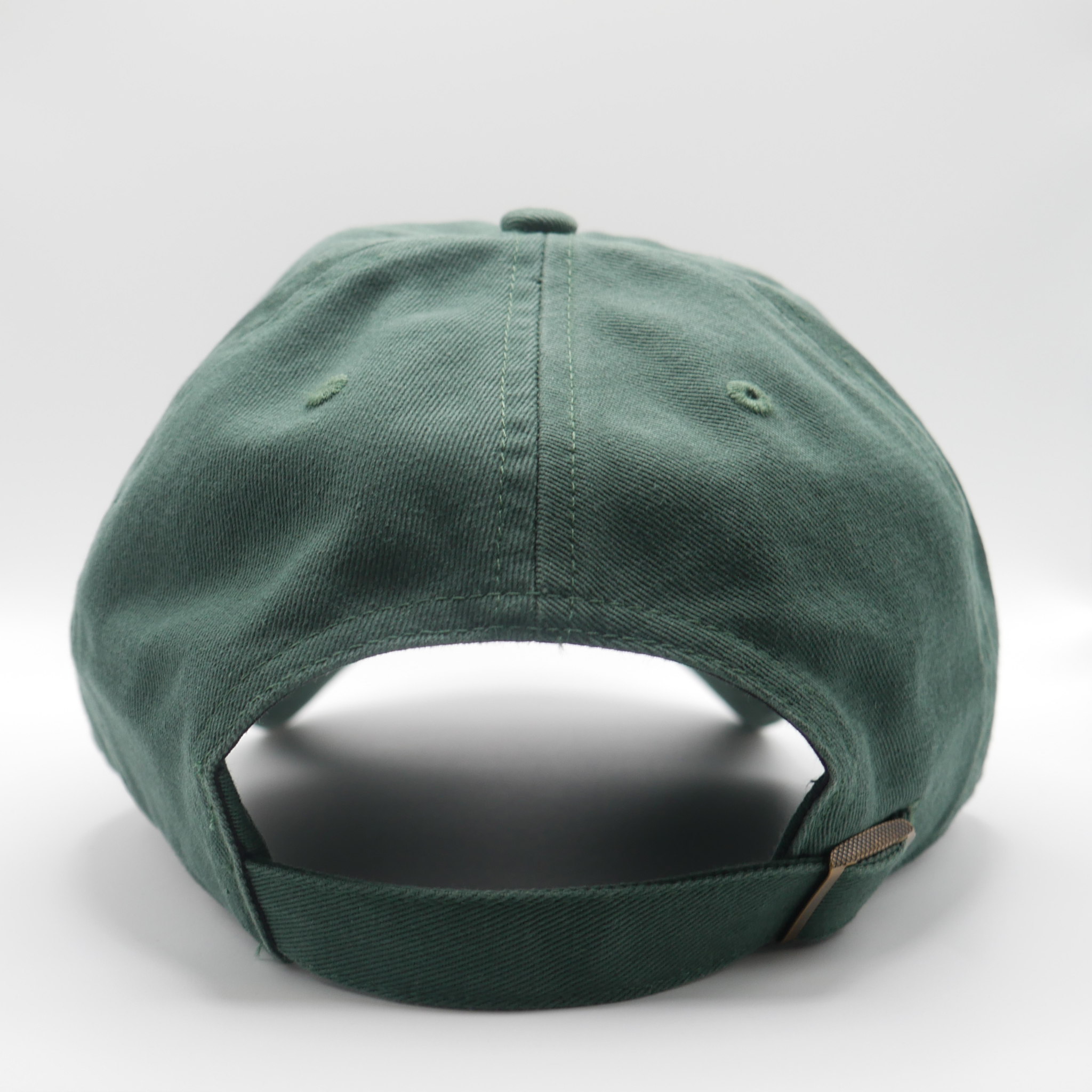 Back of forest green hat, showing the adjustable strap. Shown on a white background. 