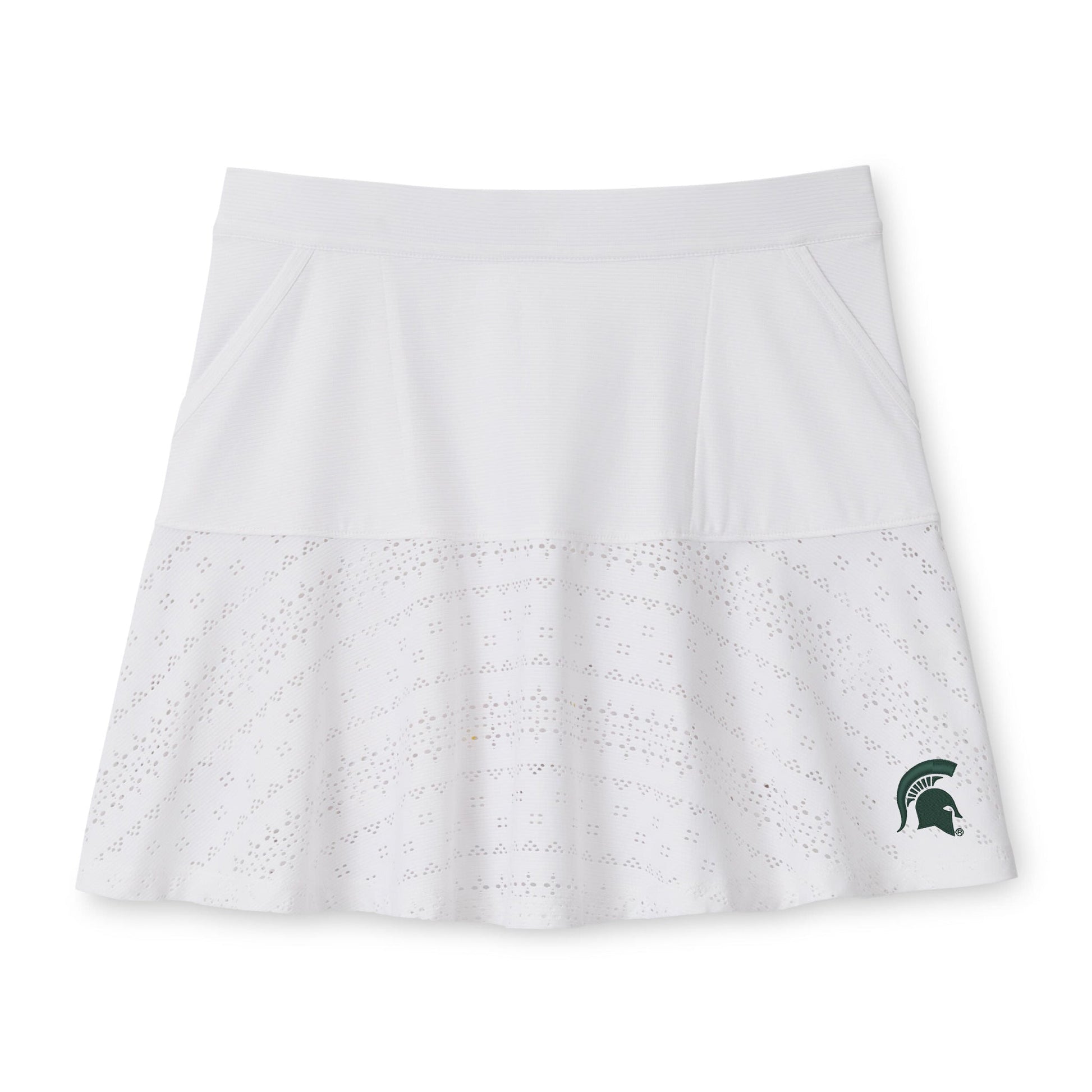A white eyelet golf skort with a full-rib kit waist, a pocket on either side of the skirt, and a Spartan Helmet logo on the bottom left.