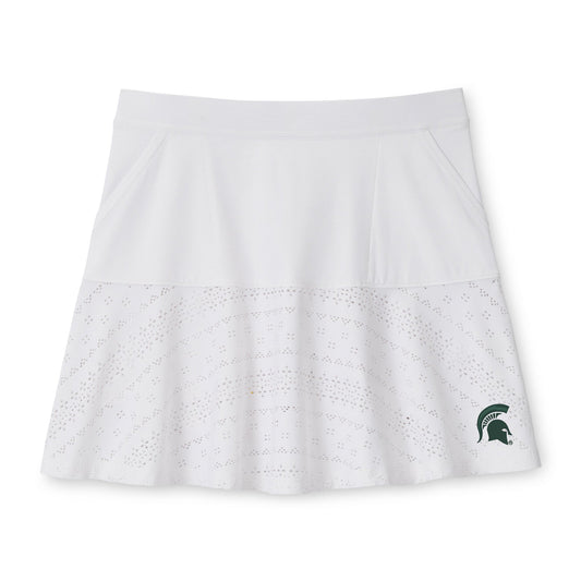 A white eyelet golf skort with a full-rib kit waist, a pocket on either side of the skirt, and a Spartan Helmet logo on the bottom left.