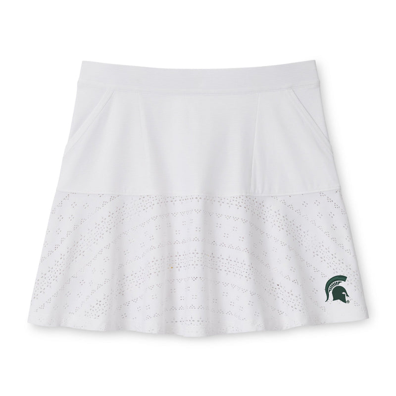 A white eyelet golf skort with a full-rib kit waist and a Spartan Helmet logo on the bottom left.