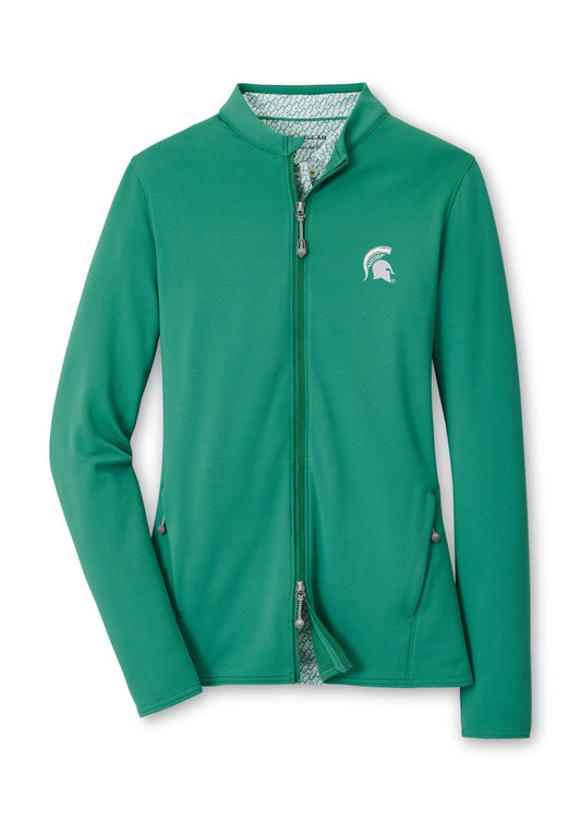 Green zip-up jacket with long sleeves and Spartan Helmet logo on the upper left chest.