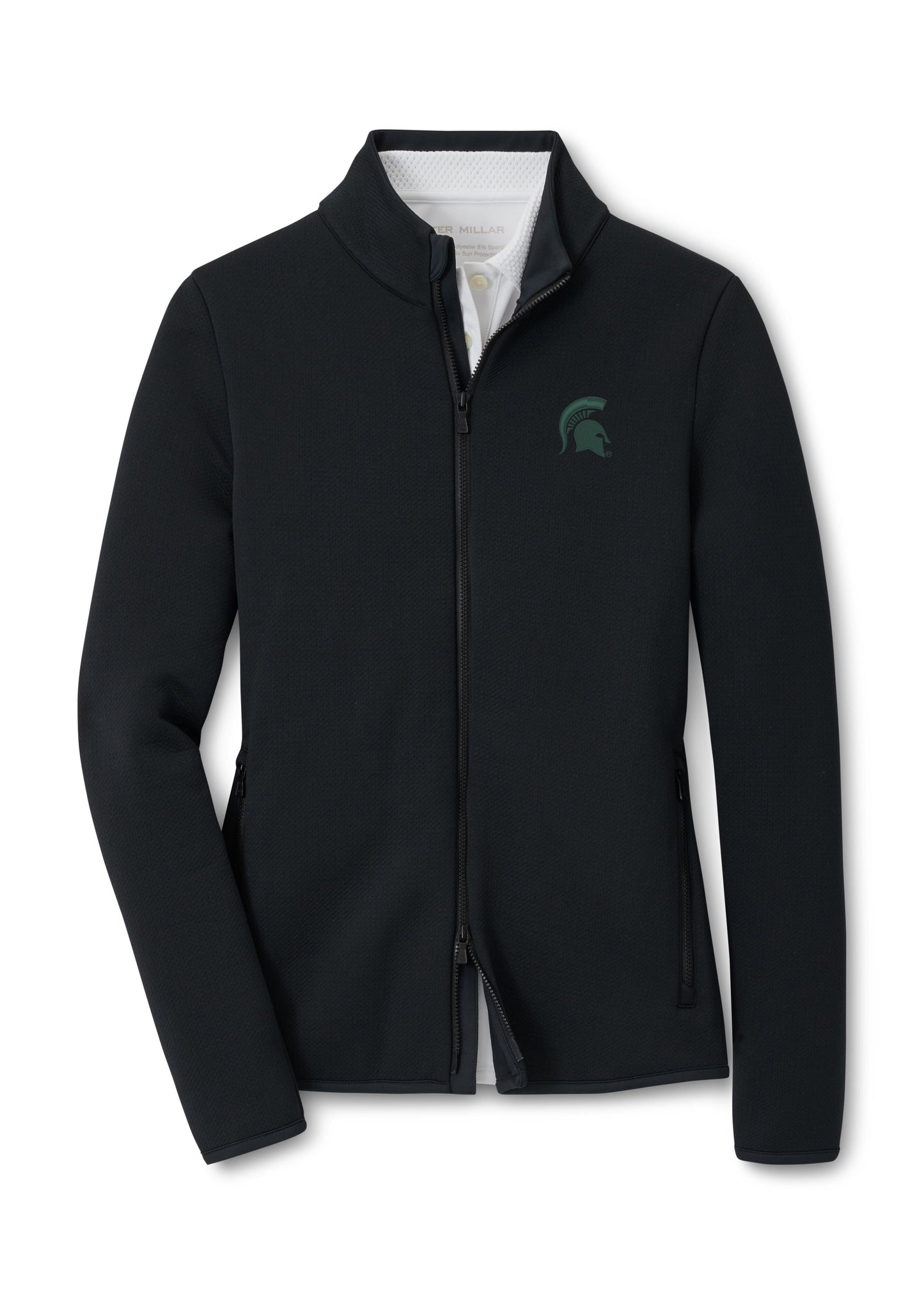Black zip-up jacket with long sleeves and Spartan Helmet logo on the upper left chest.