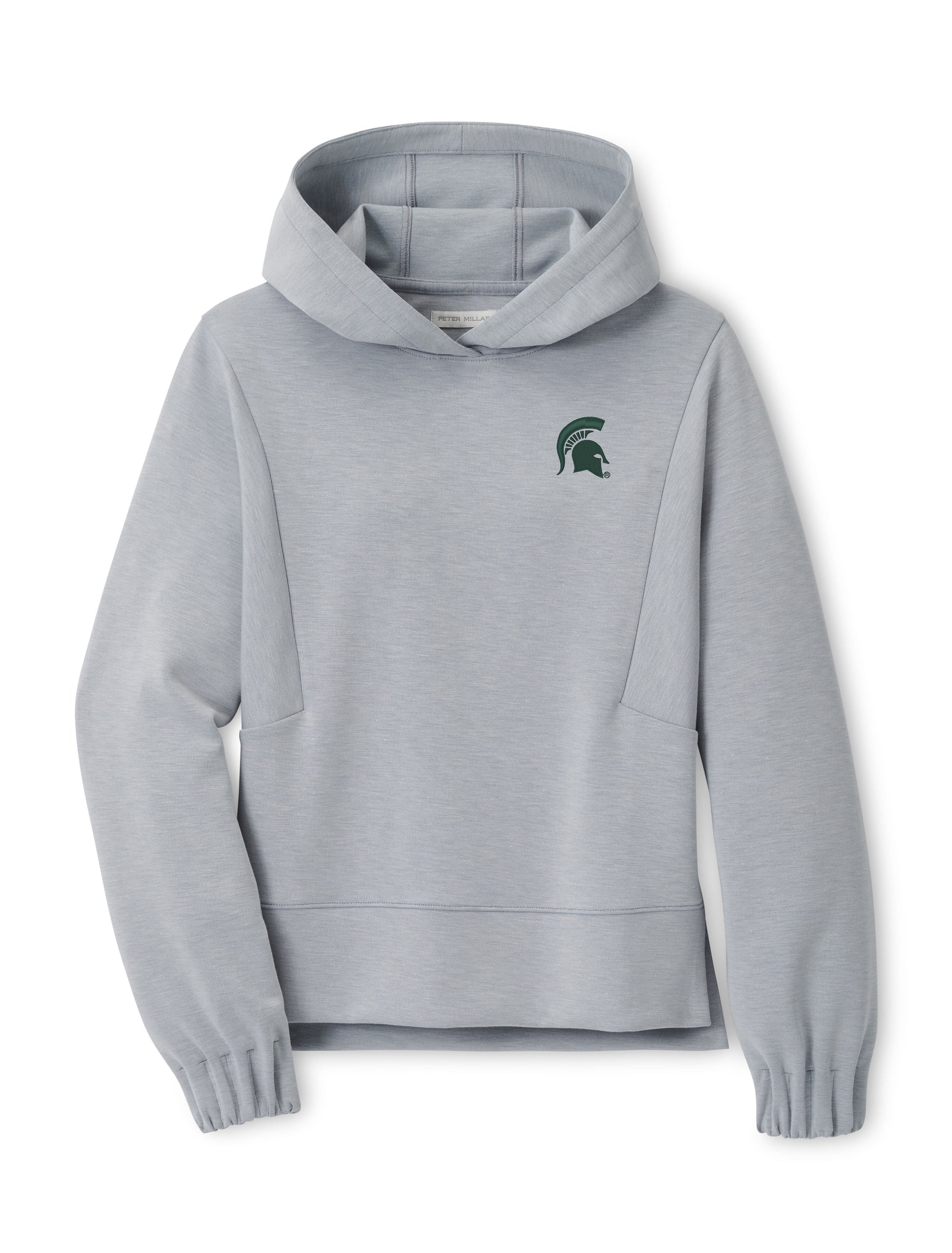 Light gray hoodie with an angled construction, cinched arm cuffs, and a green Spartan Helmet logo embroidered on the left upper chest. 