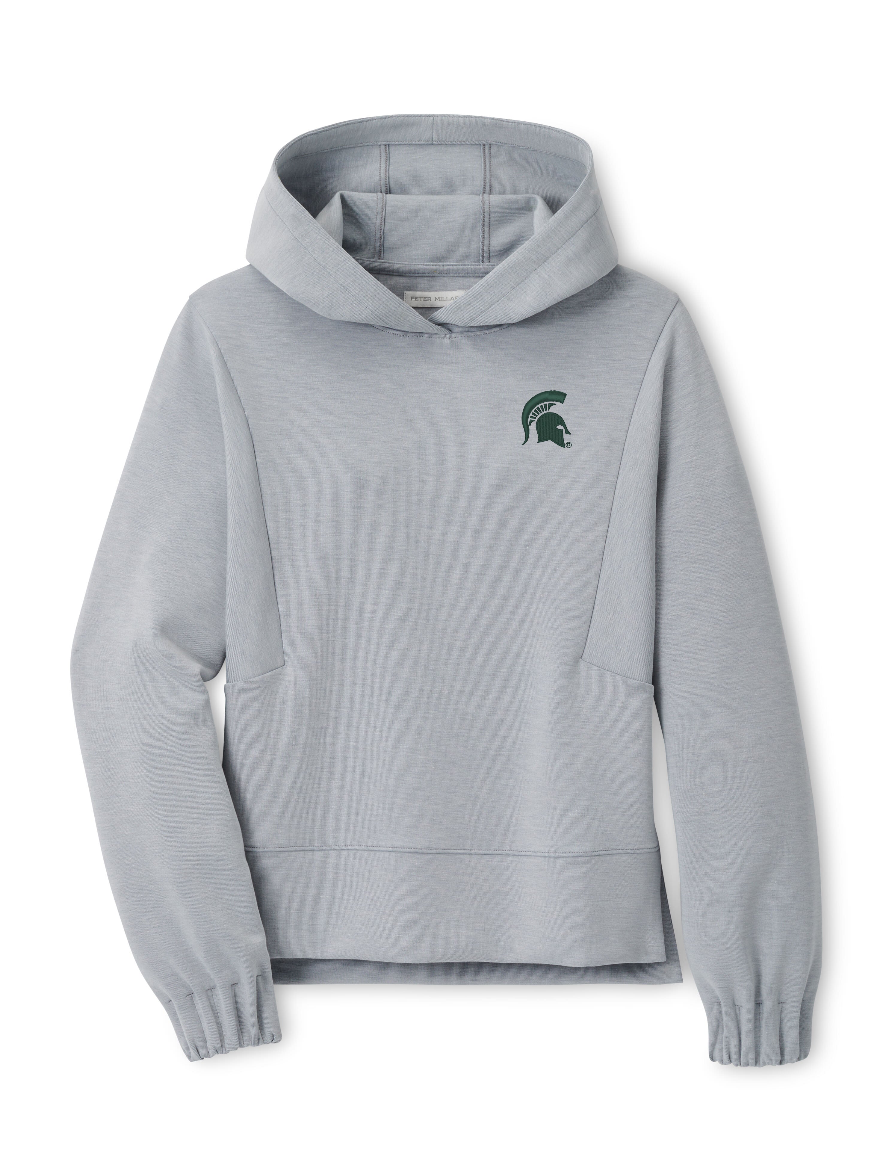 Light gray hoodie with an angled construction, cinched arm cuffs, and a green Spartan helmet logo embroidered on the left upper chest. 