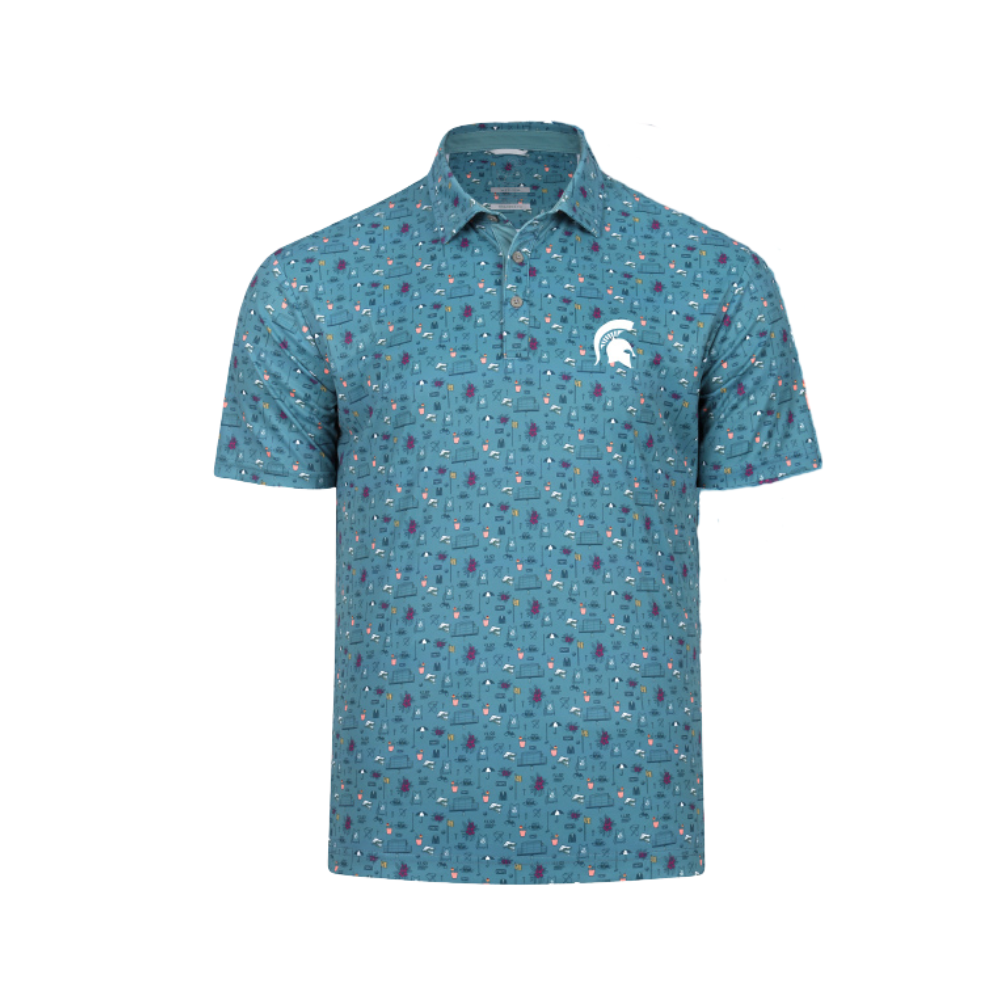Blue polo with a colorful pattern, three-button placket, and a white Spartan Helmet logo on the upper left chest. 