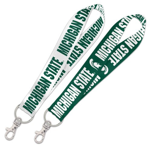 Michigan state two-sided lanyard. One side is white with the words "Michigan State" in green. Other side is green with the Spartan Helmet and the words "Michigan State" in white.