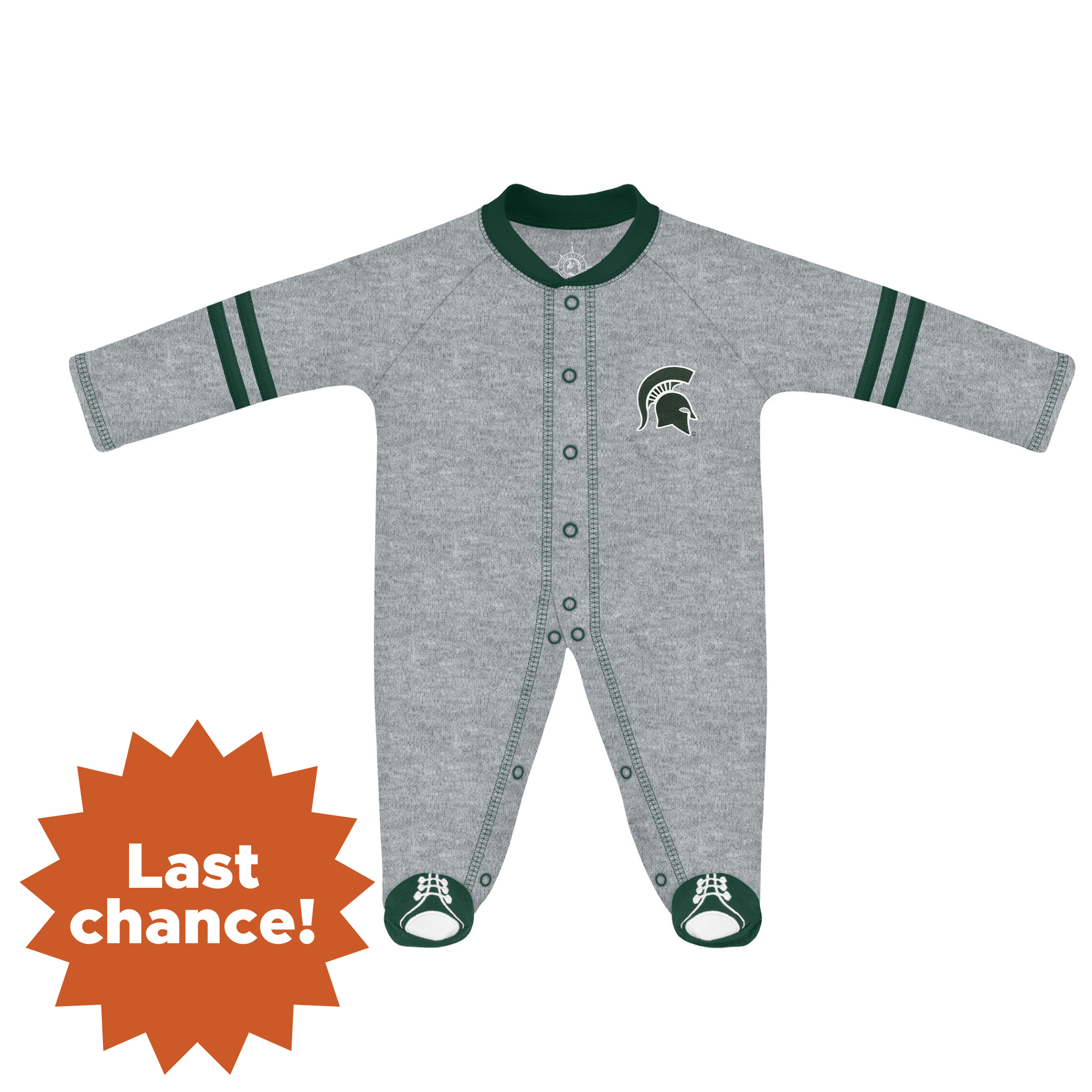 Gray sleeper with green trim and snap closure. Features Spartan helmet on left chest and green "shoe" design as the footies. In the lower left corner is an orange sunburst with the words "Last chance!"