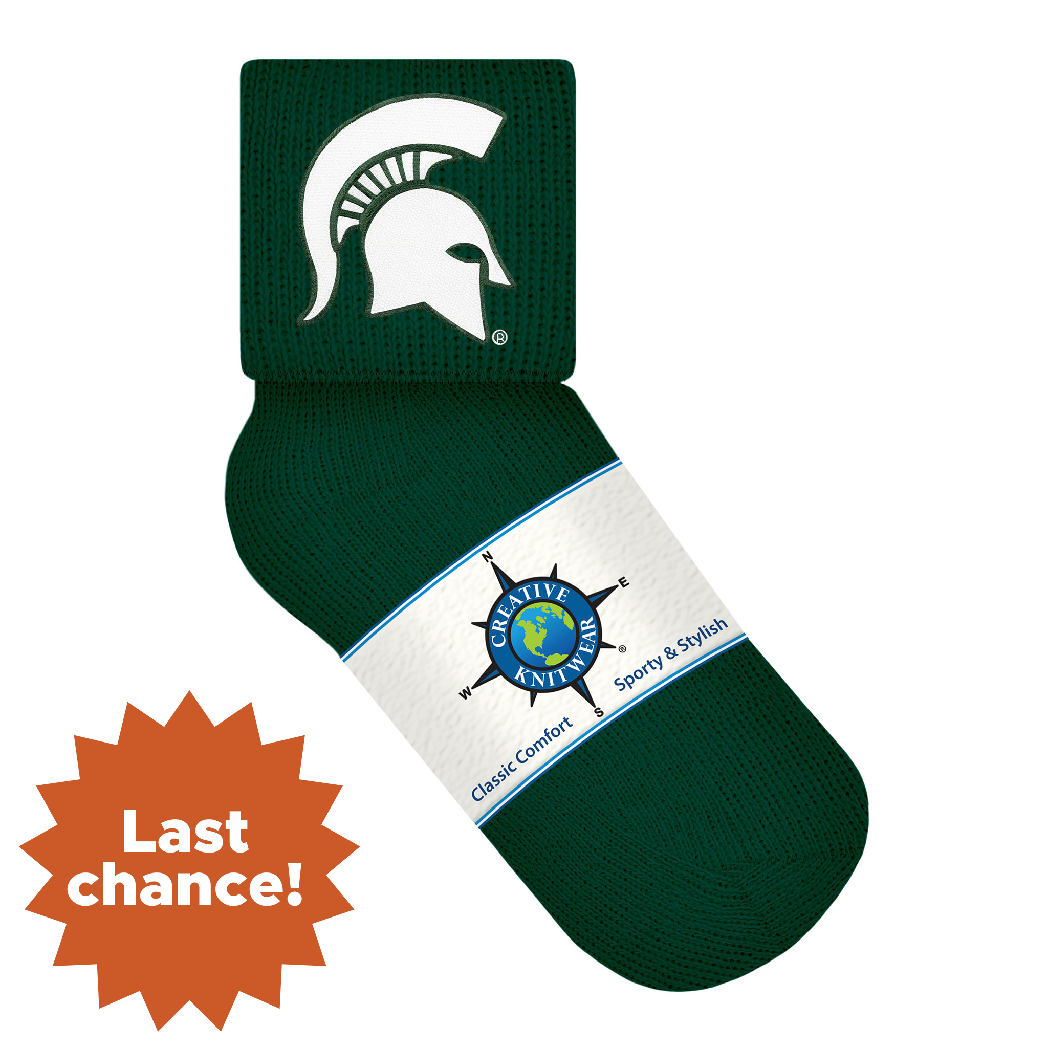 A pair of dark green infant/youth socks with a white Spartan helmet on the ankle. In the lower left is an orange sunburst with the words "Last chance!"